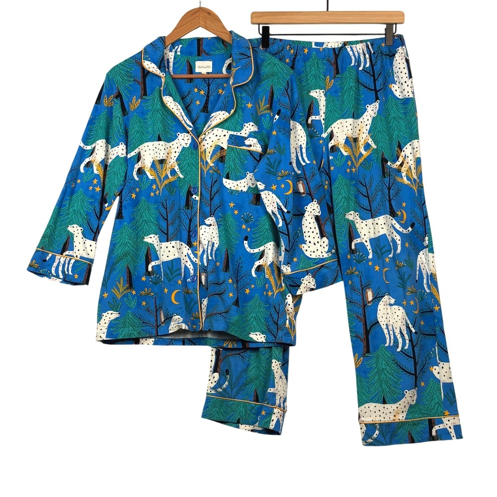 BedHead PJs Women Long Sleeve Snow Leopard Org. Cotton Pajama Set Sz M Blue Soft